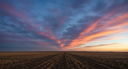 Expansive wide-angle landscape showing the natural division line where the colorful, atmospheric sky meets the calm, open ground ,outdoors ,background ,scenic