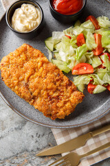 Italian beef steak breaded with parmesan and breadcrumbs served with fresh salad and two sauces close-up in a plate on the table. Vertical top view from above