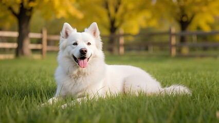 Adorable white dog lying on lush green grass in a sunny park with autumn trees. Perfect for pet lovers and nature photography.