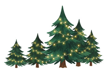 Obraz premium Stylized cluster of emerald green watercolor fir trees detailed with soft edges and hand-drawn ink, glowing with warm string lights, isolated on a bright white background with copy space. Festive