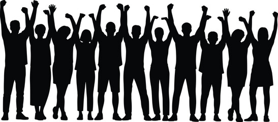 Silhouettes of diverse people standing with raised arms, expressing joy, unity, and celebration for design and branding use.