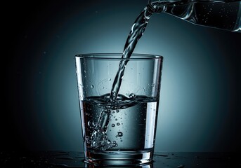 Extremely crisp, pure liquid refreshment poured into a transparent vessel, emphasizing health benefits and the essential nature of clean drinking ,chilled ,purity ,everyday