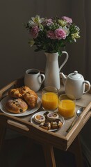 Festive breakfast tray presentation honoring familial bonds, including fresh baked goods, steaming drinks, and a floral bouquet ,festive ,affection ,wooden