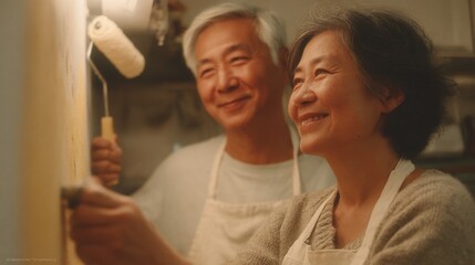 Elderly asian couple in a kitchen, both wearing aprons and smiling at the camera.
