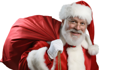 Smiling santa claus with a large red sack full of presents isolated on transparent background