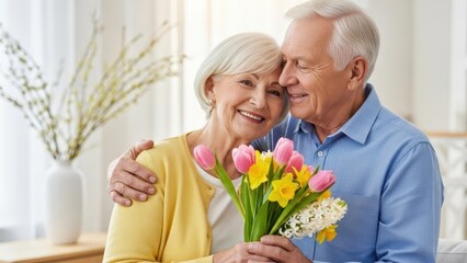 Happy senior caucasian man embracing and giving a bouquet of flowers to a smiling woman. Love, anniversary, birthday, Valentines Day concept.
