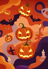 Groovy vintage Halloween poster graphic featuring smiling pumpkin lanterns, flying bats, and abstract spooky shapes in a faded retro color palette ,ghost ,orange ,decoration