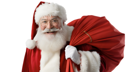 Smiling santa claus with a large red sack full of presents isolated on transparent background