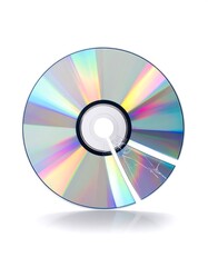 Close-up of a damaged compact disc, shattered into pieces, isolated on a white backdrop
