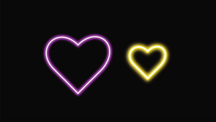 Neon heart shapes glowing in purple and yellow on