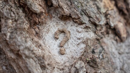Close-up of a tree trunk with a small question mark carved into it. the bark of the tree is rough and textured, with deep grooves and cracks.