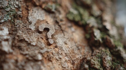 Close-up of a tree trunk with a small question mark on it. the bark of the tree is rough and textured, with patches of green moss and lichen growing on the surface.