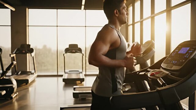 Fitness Journey - Mans Treadmill Workout in Gym.