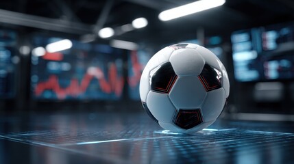 Soccer ball on futuristic sports analysis screen, highlighting data and technology in sports broadcasting