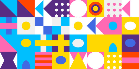 Vibrant abstract geometric mosaic pattern with colorful squares, circles, triangles, ovals creating a modern, dynamic background illustration.