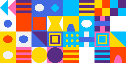Obraz premium Dynamic abstract geometric background featuring a vibrant mosaic of various shapes like squares, circles, triangles, and lines.