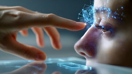 Human face silhouette reflecting on glass desk with biometric scan grid hovering above, analyst hand adjusting scan point, cinematic lighting