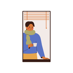 sick young man with a mug in his hands looks sadly out the window. sad male person suffering from cold, sickness, influenza illness is being treated at home. vector illustration