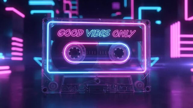 A retro cassette tape glows with neon lights, playing good vibes only in a vibrant scene.