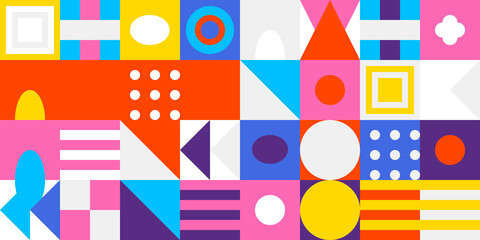 Obraz premium Vibrant abstract geometric mosaic pattern with colorful squares, circles, triangles, ovals creating a modern, dynamic background illustration.