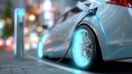 electric, car, connected, glowing, charging, station, minimal, urban, setting, soft, blue, energy, glow, shallow, depth, field, create, explore, organize,