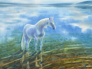 Lake water and a white horse dreamy watercolor background