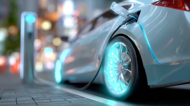 electric, car, connected, glowing, charging, station, minimal, urban, setting, soft, blue, energy, glow, shallow, depth, field, create, explore, organize,