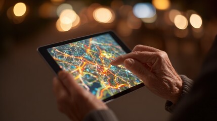 Senior Woman Interacts with an Interactive Digital City Map on a Tablet Device, Against a Bokeh Background