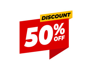 Discount 50 percent off banner in red and yellow color scheme on white background. Modern sale label design for marketing, promotion, online shop, and advertising campaign. Vector illustration.