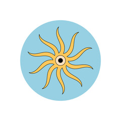Groovy retro sun sticker with yellow and orange burst ray design in a circle. Sunburst seal label for package or lid, with playful y2k accent for box decoration or creative product tag.