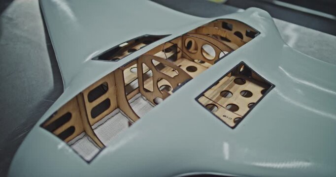 Close Up Inner Shell of Military Grade UAV Clearly Visible With Its Structural Frame, Prepared For Integration of Electronics and Payload. Concept of Assembly Readiness in Production Process.