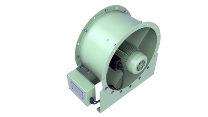 Industrial Axial Suction Fan. Fan with cover and electric motor. Back view. 3D rendering isolated on white background. Ideal for professionals, educational, engineering, industrial design