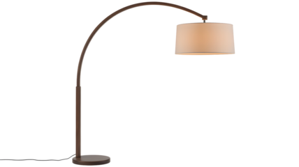 Elegant modern arc floor lamp with a cream fabric shade casting warm light isolated on transparent background