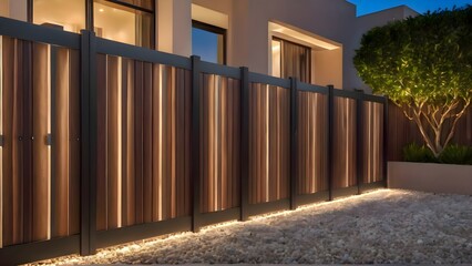 Modern wooden fence with illuminated slats, creating a warm ambiance in a residential setting