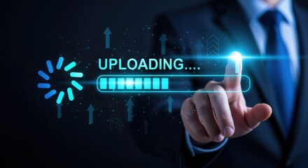 Man initiating upload process with futuristic interface displaying progress, symbolizing data transfer and connectivity