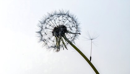 Close-up of a dandelion seed head against a bright, clear sky, with one seed in mid-air