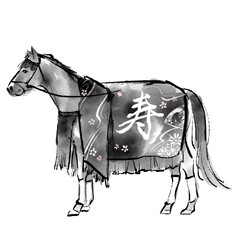華やかな和風の衣装を身につけた馬の水墨画イラスト　モノクロ　午年　誘導馬　年賀状