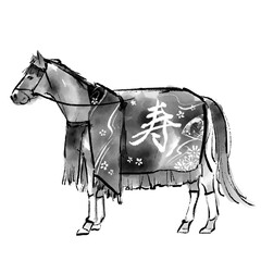華やかな和風の衣装を身につけた馬の水墨画イラスト　モノクロ　午年　誘導馬　年賀状