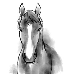 優しげな表情をした馬の水墨画イラスト　モノクロ　午年　和風　年賀状