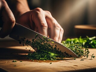 Close-up of a chef's hand chopping fresh green herbs with a knife on a wooden cutting board, highlighted by dramatic, dusty lighting.