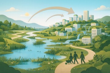 Fototapeta premium Vibrant urban green space transformation illustrating ecological harmony with a river, pathways, and modern architecture symbolizing sustainable development and community connection