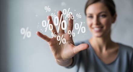 Woman Displaying Percentage Symbols: Discount, Sale, Investment, Finance, and Business Concept with Modern Touch