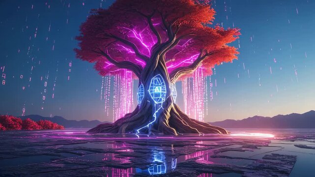 A glowing futuristic digital tree with neon purple lights and binary code falling around it, artificial intelligence, technology growth, machine learning, data networks, innovation and knowledge.