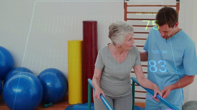 Patient walking on parallel bars in rehab, PT checking wrist monitor, guiding balance with vitals