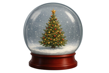 Christmas tree decorating a snow globe with falling snow, celebrating winter holidays and festive season, transparent background
