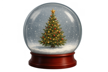 Christmas tree decorating a snow globe with falling snow, celebrating winter holidays and festive season, transparent background