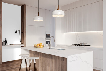 Minimal Scandinavian Kitchen Interior with Black Wall Cutout, White Cabinets and Marble Island, Natural Light, Wide Angle View PNG