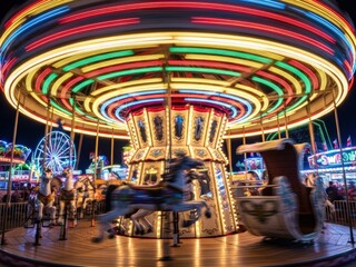 Obraz premium A vibrant night photo of a spinning carousel at a carnival. Long exposure creates motion blur in the multicolored neon lights and moving horses. A Ferris wheel is visible in the background.