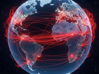 Global connectivity depicted on a 3D Earth model at night, with red lines linking brightly glowing network hubs across continents.