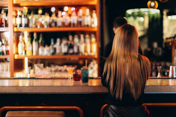 Woman Sitting at a Bar Counter with Colorful Bottles in Background